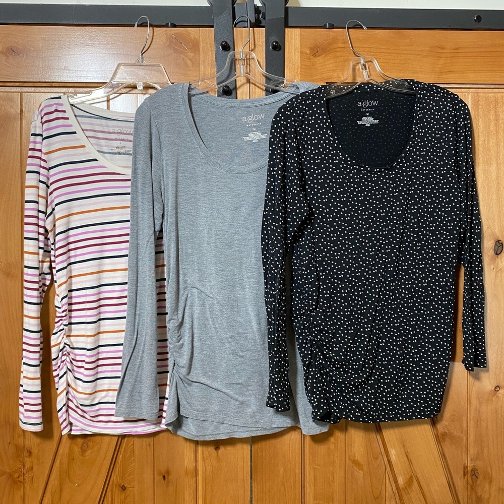 3 Aglow Maternity LS t-shirts. Soft, stretchy & very comfy. Good used condition